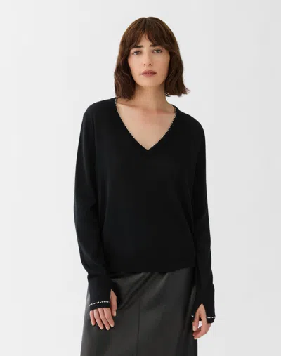 Lafayette 148 Petite Cashmere Hand Beaded V-neck Sweater In Black