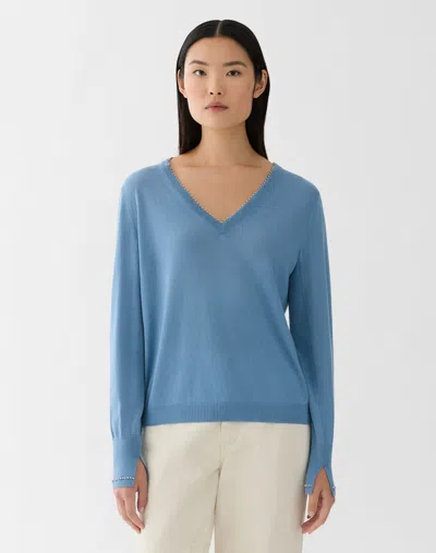 Lafayette 148 Petite Cashmere Hand Beaded V-neck Sweater In Blue