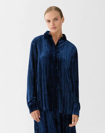 Lafayette 148 Velvet Plisse Long Sleeve Blouse In Blue