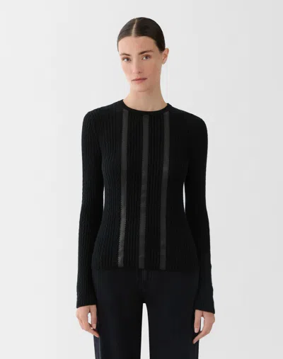 Lafayette 148 Wool Cashmere Leather Cable Knit Sweater In Black