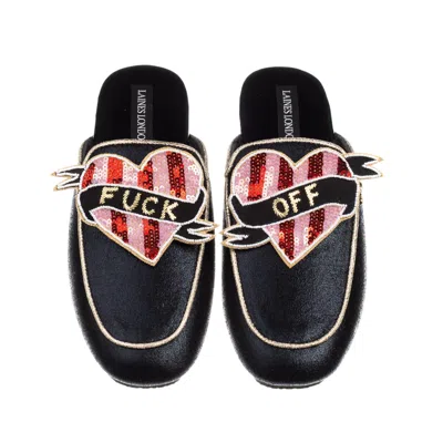 Laines London Women's Black / Gold Classic Mules With Pink & Red Stripe Fuck Off Heart Brooches - Black & Gold In Black/gold