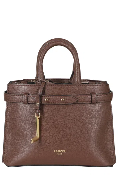 Lancel Structured Brown Grained Cowhide Leather Handbag With Decorative Belt Detail
