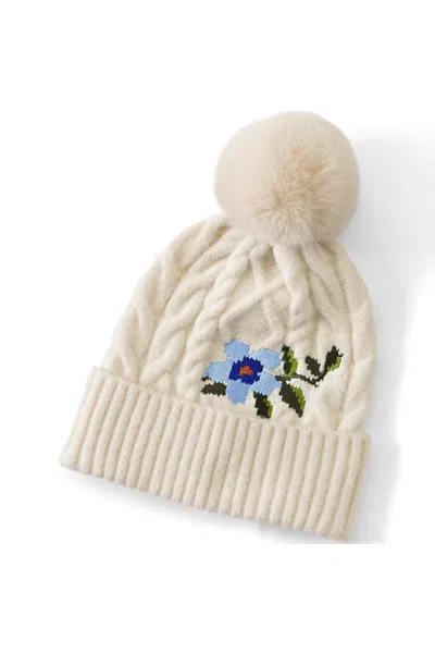 Lands' End Women's Cashtouch Embroidered Cable Knit Beanie Hat In White