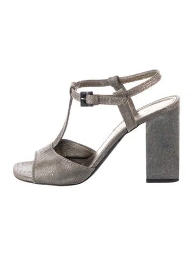 Pre-owned Lanvin Embossed Leather Animal Print T-strap Sandals In Grey/silver