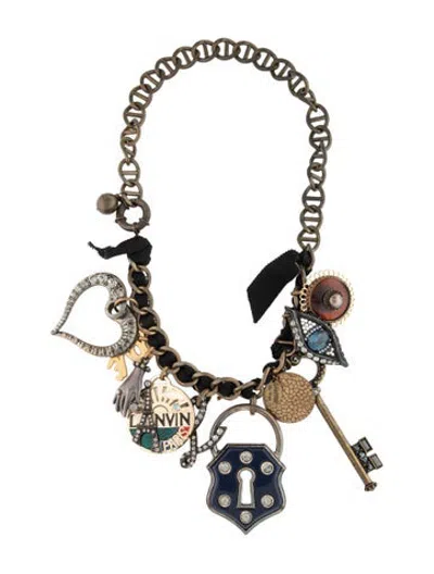 Pre-owned Lanvin Enamel, Resin, Crystal & Ribbon 'lucky Charm' Collar Necklace, 21" In Black/blue/clear
