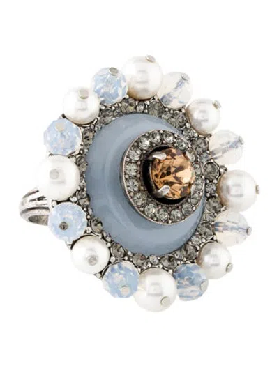 Pre-owned Lanvin Faux Pearl, Crystal & Resin Cocktail Ring In Blue/grey/orange