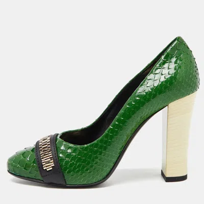 Pre-owned Lanvin Green Python Leather Embellished Block Heel Pumps Size 37