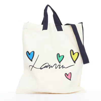 Pre-owned Lanvin Hearts Printed Canvas Crossbody Tote Bag In White