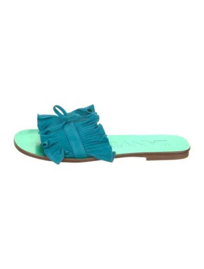 Pre-owned Lanvin Suede Bow Accents Slides In Blue