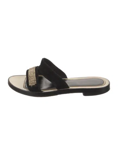 Pre-owned Lanvin Suede Chain-link Accents Slides In Black