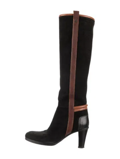Pre-owned Lanvin Suede Leather Trim Embellishment Riding Boots In Black