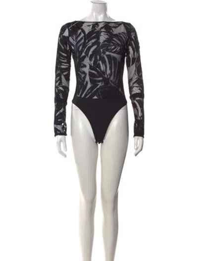 Pre-owned Lapointe Floral Print Bateau Neckline Bodysuit In Black