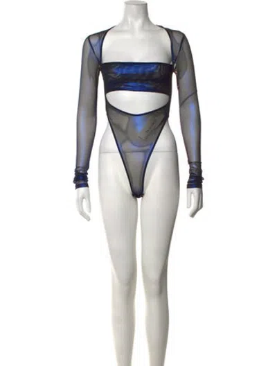 Pre-owned Lapointe Square Neckline Long Sleeve Bodysuit In Blue