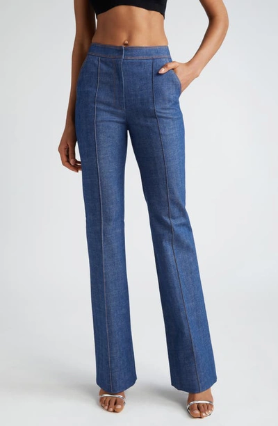 Laquan Smith Pleated High Waist Flared Denim Trousers In Dark Blue