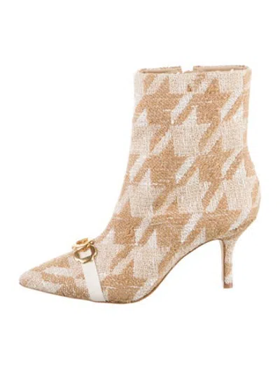 Pre-owned Larroude Houndstooth Print Leather Trim Embellishment Boots In Silver