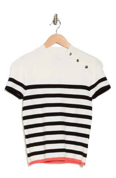 Laundry By Shelli Segal Mock Neck Button Sleeve Jersey Sweater In White/ Black Stripe