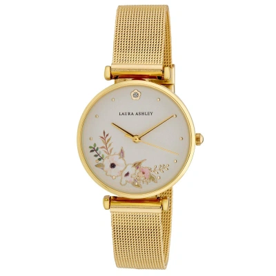 Pre-owned Laura Ashley Womens 32mm Engraved Floral Printed Mesh Strap Watch (la2071) In Gold
