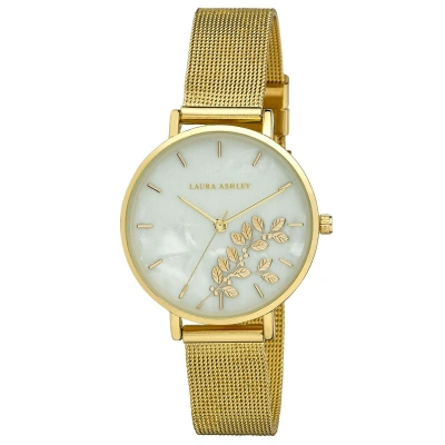Pre-owned Laura Ashley Womens 34mm Engraved Floral Printed Mesh Strap Watch In Gold