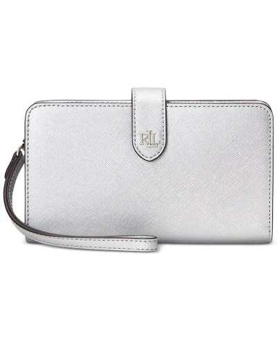 Lauren Ralph Lauren Crosshatch Leather Tech Wristlet In Polished Silver