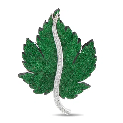 Lb Exclusive 14k White Gold 0.25ct Diamond And Uvarovite Garnet Leaf Brooch Mf01-092226 In Green