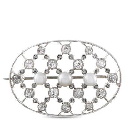 Lb Exclusive 14k White Gold 1.30ct Diamond And Pearl Oval Openwork Brooch Mf02-070726 In Metallic