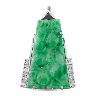 Lb Exclusive 14k White Gold Diamond Carved Jade Art Deco Brooch Mf04-082526 In Green