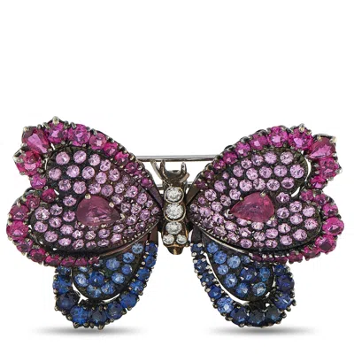 Lb Exclusive 18k White Gold And Silver 0.40ct Diamond, Ruby, And Sapphire Butterfly Brooch Mf12-070126 In Pink