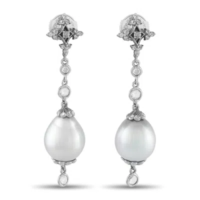 Lb Exclusive 18k White Gold Diamond Pearl Drop Earrings Mf10-090226 In Metallic