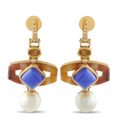 Lb Exclusive 18k Yellow Gold 0.28ct Diamond, Pearl, Tourmaline, Agate, And Chalcedony Drop Earrings Mf14-071526