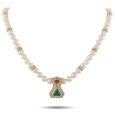 Lb Exclusive 18k Yellow Gold 3.65ct Diamond, Emerald, And Ruby Cultured Pearl Necklace Mf26- 070926
