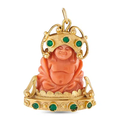 Lb Exclusive 18k Yellow Gold Carved Coral And Emerald Happy Buddha Pendant Mf30-080426