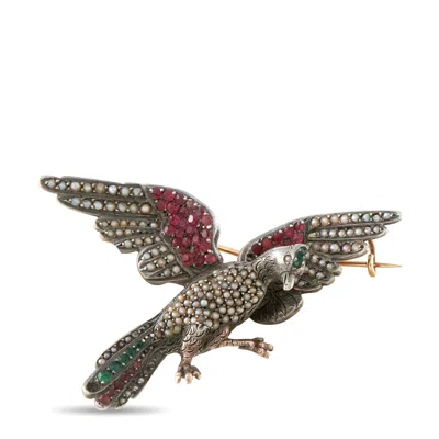 Lb Exclusive Antique 14k Rose Gold And Silver Emerald, Seed Pearl, And Garnet Bird Brooch Mf08-080726 In Gray
