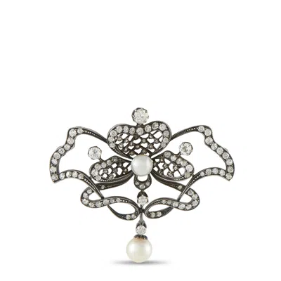 Lb Exclusive Antique 14k White Gold And Silver 1.70ct Diamond And Pearl Brooch Mf05-080326 In Gray