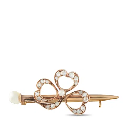 Lb Exclusive Antique 14k Yellow Gold 0.20ct Diamond And Pearl Clover Brooch Mf13-091426