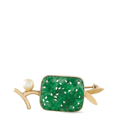 Lb Exclusive Antique 14k Yellow Gold Carved Jade Brooch Mf26-080426 In Green