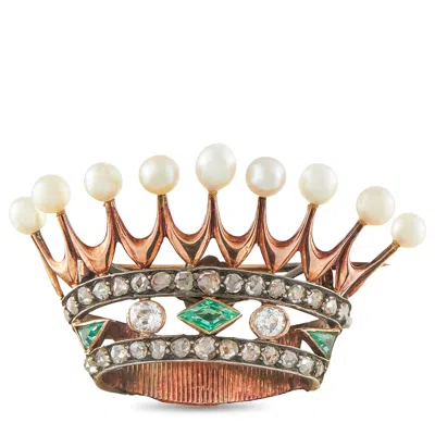 Lb Exclusive Antique 18k Rose Gold And Sterling Silver 1.30ct Diamond, Emerald, And Pearl Crown Brooch Mf02-07302