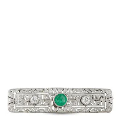 Lb Exclusive Antique 18k White Gold 0.50ct Diamond And Emerald Bar Brooch Mf13-082526 In Metallic