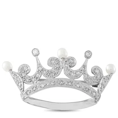Lb Exclusive Antique 18k White Gold Old Cut Diamond And Pearl Crown Brooch Mf06-091426 In Metallic