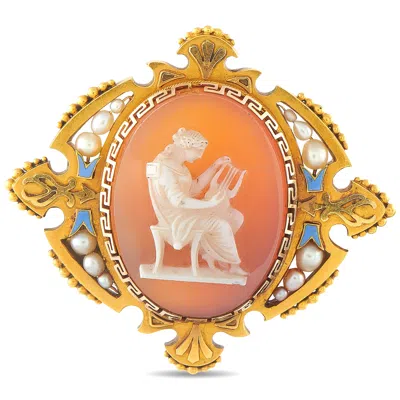 Lb Exclusive Antique 18k Yellow Gold Agate Pearl Victorian Cameo Brooch Mf07-080426 In Orange