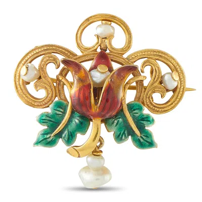 Lb Exclusive Antique 18k Yellow Gold Pearl And Enamel Brooch Mf01-091126