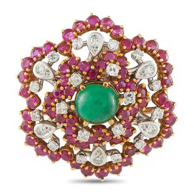 Lb Exclusive Antique French 18k Yellow Gold 0.50ct Diamond, Ruby, And Emerald Cluster Brooch Mf03-080526 In Pink