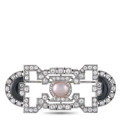 Lb Exclusive Platinum 1.50ct Diamond, Onyx, And Pearl Art Deco Brooch Mf06-080426 In Metallic