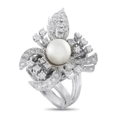 Lb Exclusive Vintage 14k White Gold 1.0ct Diamond And Pearl Floral Cocktail Ring Mf11-063026