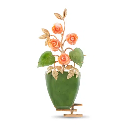 Lb Exclusive Vintage 18k Rose Gold Nephrite Jade And Coral Flower Brooch Mf02-092226