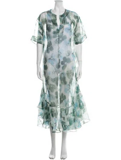 Pre-owned Lee Mathews Floral Print Long Dress In Blue/green