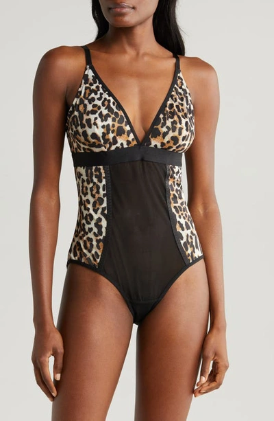 Lemonade Dolls Leopard Print Mesh Bodysuit In Brown