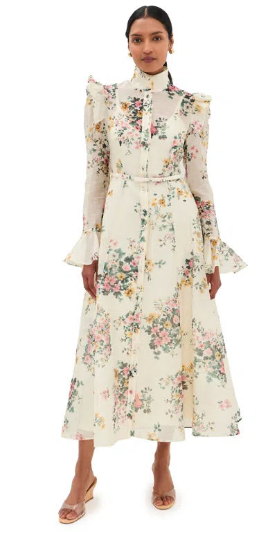 Leo Lin Katrina Butterfly Sleeve Midi Dress Posy Print In Snow In White