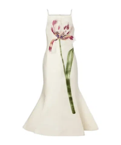 Leo Regina Floral Wool And Silk Midi Dress In White
