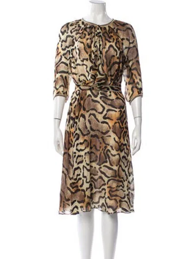 Pre-owned Leonard Silk Midi Length Dress In Brown