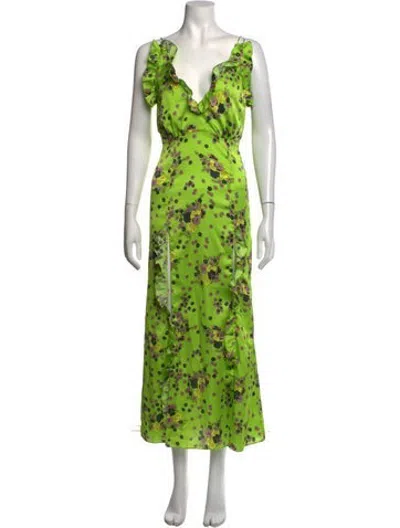 Pre-owned Les Rêveries Floral Print Long Dress In Green